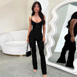 Tuta In Pizzo Sexy Trasparente Con Spalline Sottili Senza Maniche Vita Alta Gamba Svasata Bodycon Per Donne