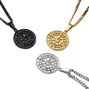 Compass double-layer titanium steel pendant necklaces in black, gold, and silver finishes