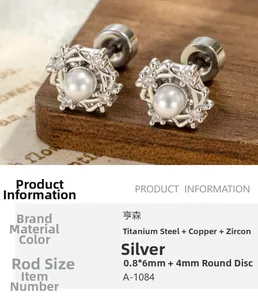 Detailed view of geometric pearl earrings with screw backs and surgical steel posts