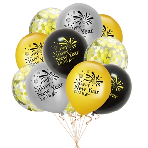 2026 Happy New Year balloon set in black, gold, and silver with festive fireworks design