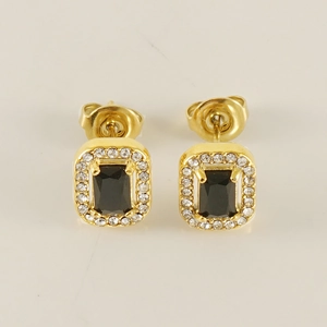Square black zircon earrings with gold plating and white crystal halo set in titanium steel