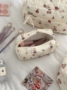 Detailed view of quilted cotton circus theme pouches with smooth metal zippers