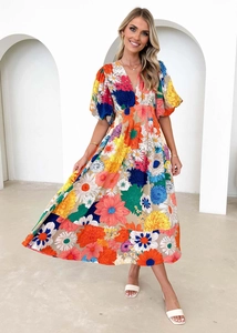 Detailed close-up of colorful floral print and puff sleeves on summer A-line maxi dress
