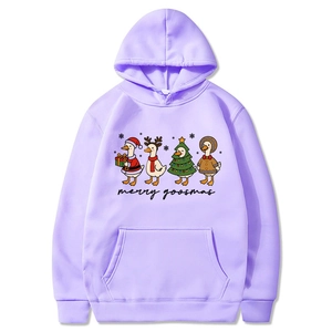 Purple Christmas hoodie with Merry Goosmas cartoon print and kangaroo pocket