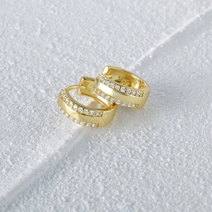 Detailed view of gold S925 sterling silver hoop earrings with double row zircon stones