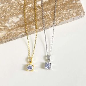 Elegant gold and silver stainless steel necklaces with square cubic zirconia pendants