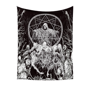 Gothic skull grim reaper wall tapestry with mystical celestial patterns in black and white