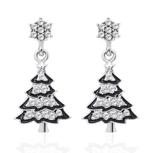 Exquisite silver Christmas tree earrings with black enamel and sparkling diamond accents
