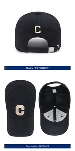 Detail view of black baseball cap showing the back strap with metal buckle and interior structure