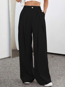 Classic high-waisted black wide-leg trousers with single button and elegant drape finish