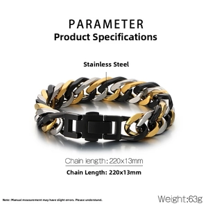 Detail of tri-color stainless steel Cuban chain bracelet with black buckle
