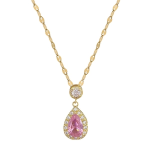 Titanium steel jewelry set with teardrop pink stones and zircon accents on gold chain