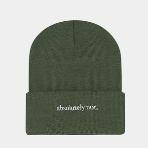 Detail of white 'absolutely not.' embroidery on olive green ribbed knit beanie hat