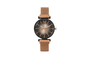 Detailed close-up of rose gold mesh watch strap and brown gradient sunburst dial