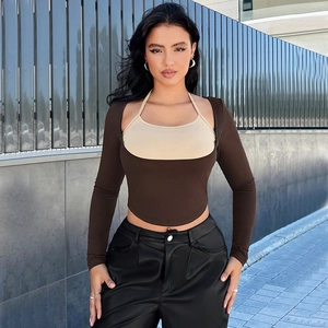 Damen 2-teiliges Layer-Langarm-Crop-Top mit Halter-Weste in Braun und Beige