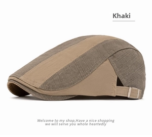 Side view of khaki newsboy cap with textured fabric and adjustable metal buckle strap