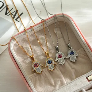 Hamsa Hand Evil Eye Necklace Stainless Steel 18K Gold Plated Rhinestone Turkish Ethnic Style Amulet Jewelry For Women