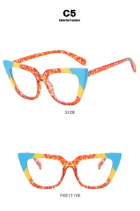 Detail of retro cat-eye glasses with orange tortoiseshell and blue color splicing