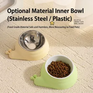 Snail shaped non-slip pet bowl in cream colors with stainless steel removable liner