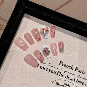 Handmade Pink Jelly Press On Nails With White Butterfly Rhinestone Heart Short Trapezoid Style Wearable Nails For Women