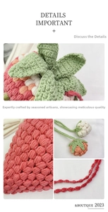 Detail of handmade crochet strawberry bucket bag showing fine knit texture and leaf accents