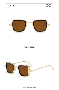 Front and 45-degree side view of vintage square metal sunglasses with amber lenses