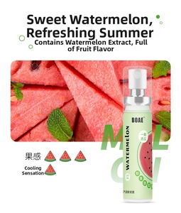Macro view of 20ml watermelon breath spray with fresh fruit and mint leaf details