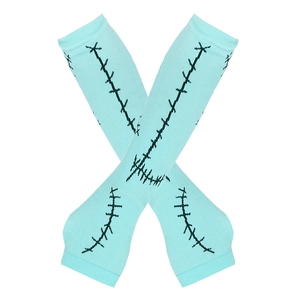Detail of mint green Sally costume arm warmers with black stitch patterns for Halloween