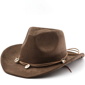 Cowboy Hat Faux Suede Wide Brim Western Bohemian Style With Shell Bead Decor Outdoor Travel Ethnic Sun Hat For Unisex