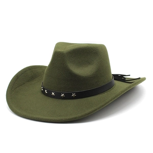 Detail of dark green wool felt jazz hat with silver star studs and fringe trim