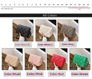 Quilted crossbody bag collection in seven colors with 20cm scale ruler for size reference