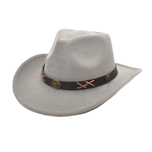 Western Cowboy Hat Wide Brim Felt Jazz Fedora With Leather Belt Bull Head Studs Ethnic Style For Men Women