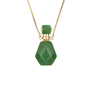 Faceted green gemstone perfume bottle pendant necklace with a golden chain for women