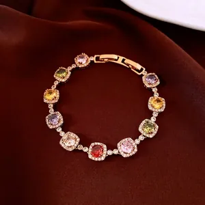 18k gold plated bracelet with colorful square zircons and vintage clasp on silk
