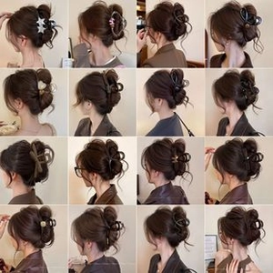Collage of 16 styles of large hair claw clips in metal and resin for various hairstyles
