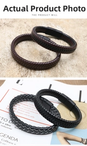 Detail showing handwoven multi-layer leather bracelets with matte black magnetic clasps