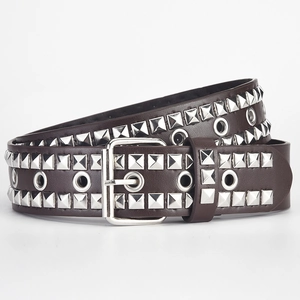 Punk style dark brown PU leather belt with silver square studs and eyelets