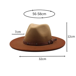 Detailed dimensions of a two-tone wool fedora hat with size 56-58cm and 7cm brim width