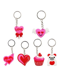 Detailed set of 6 heart-themed PVC keychains featuring angels, bears, and cupcakes
