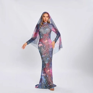 Robe Maxi À Manches Longues Imprimé Ciel Étoilé Galaxie Strass Maille Moulante Taille Haute Sexy Élégante Longueur Sol Femmes