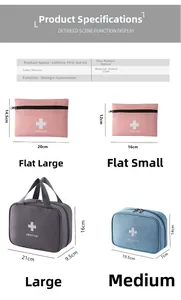 Size chart for oxford cloth first aid bags showing four portable storage dimensions