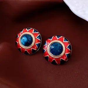 Vintage Round Stud Earrings With Alloy Resin Enamel Sunburst Pattern And 925 Sterling Silver Earring Post For Women