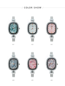 Detailed color showcase of elegant oval dial ladies mesh band quartz watches A1-A6