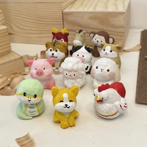Hand Carved Zodiac Animal Figurine Ornament Painted Basswood Desktop Office Car Decoration Cartoon Miniature Artistic Gift