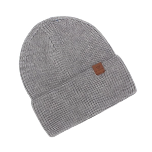 Detail of grey ribbed knit beanie with brown leather logo patch and ear protection