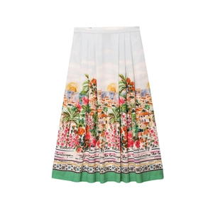 Mediterranean print high waist maxi skirt set with vibrant landscape and floral patterns