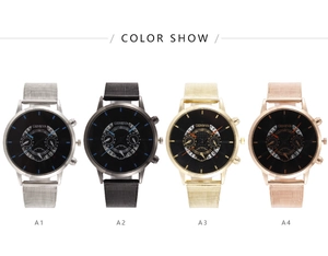 Men's quartz watches with mesh steel bands in silver, black, gold, and rose gold colors