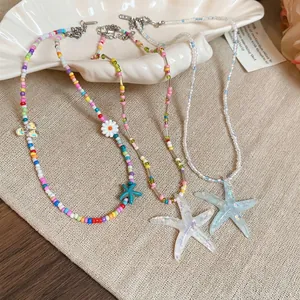 Colorful Beaded Necklace With Resin Starfish Pendant Daisy Flower Summer Beach Vacation Style Sweet Jewelry For Women