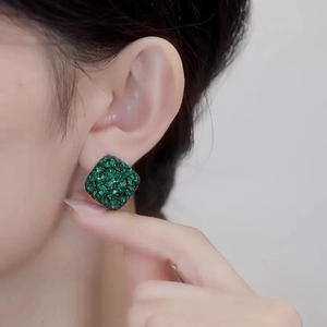 Elegant geometric square stud earrings with sparkling green pave stones for women