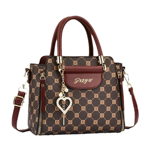 Brown vintage PU leather handbag with geometric print and heart pearl tassel pendant